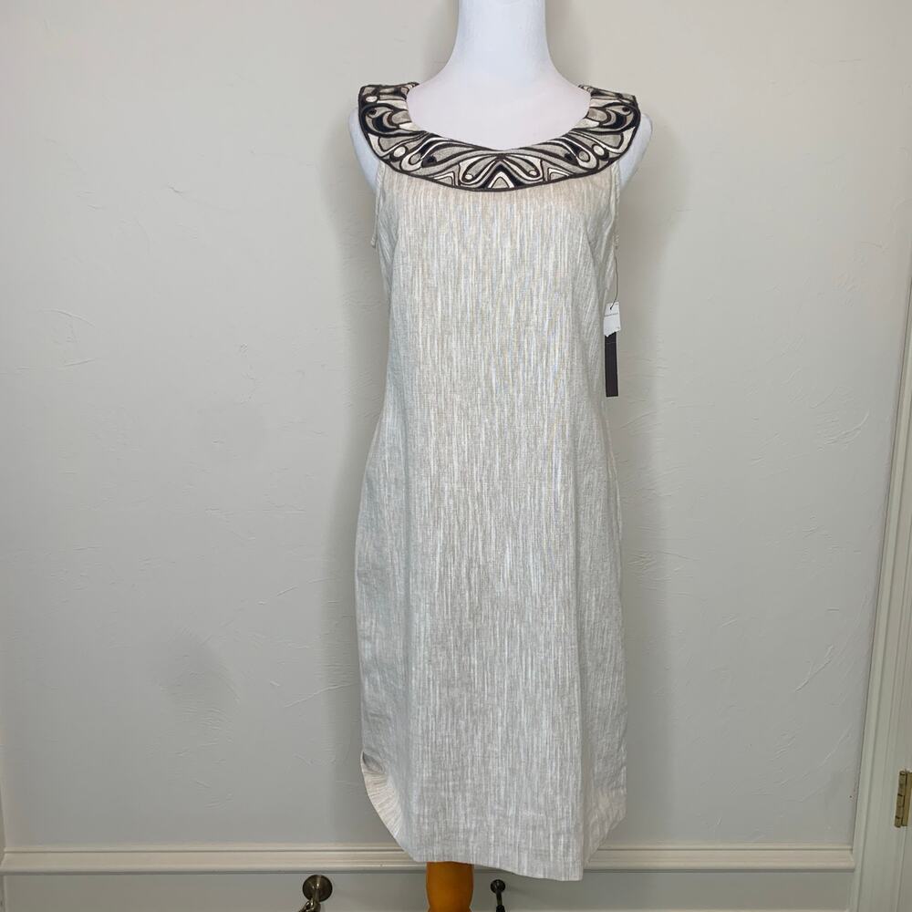 Dana Buchman Linen Dress Sz 4 Embroidered Collar